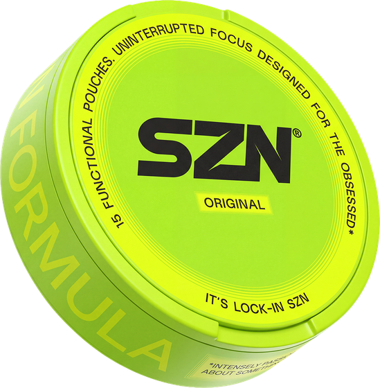 SZN Original can, neon lime puck-shaped tin with the SZN wordmark