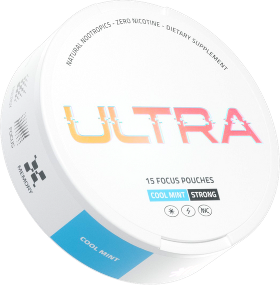 Ultra Focus Pouches can, white tin with the Ultra wordmark, Cool Mint Strong