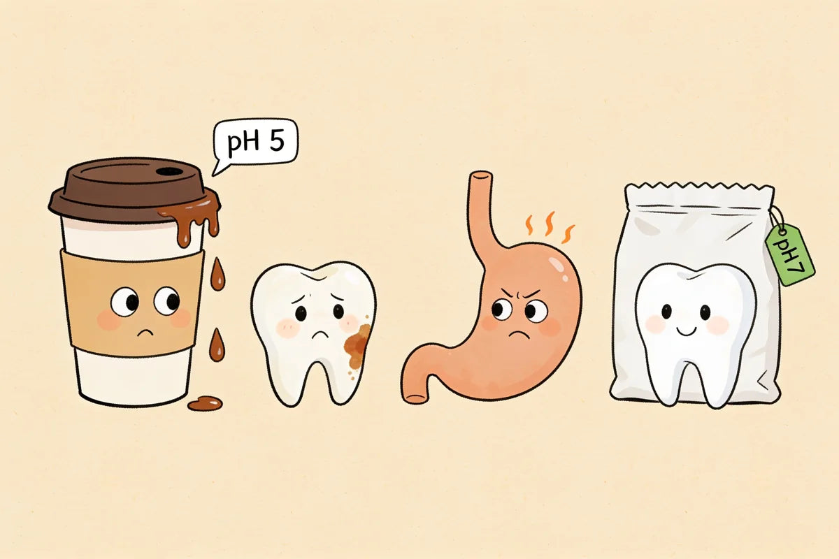 Hand-drawn illustration comparing acidic, staining coffee with a white, pH-neutral SZN pouch