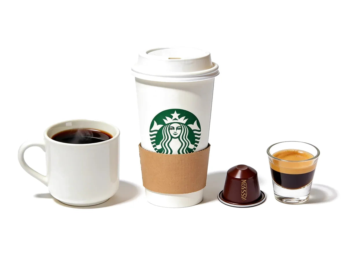 Illustration of a mug of home-brewed coffee, a Starbucks latte cup and a Nespresso capsule with an espresso cup