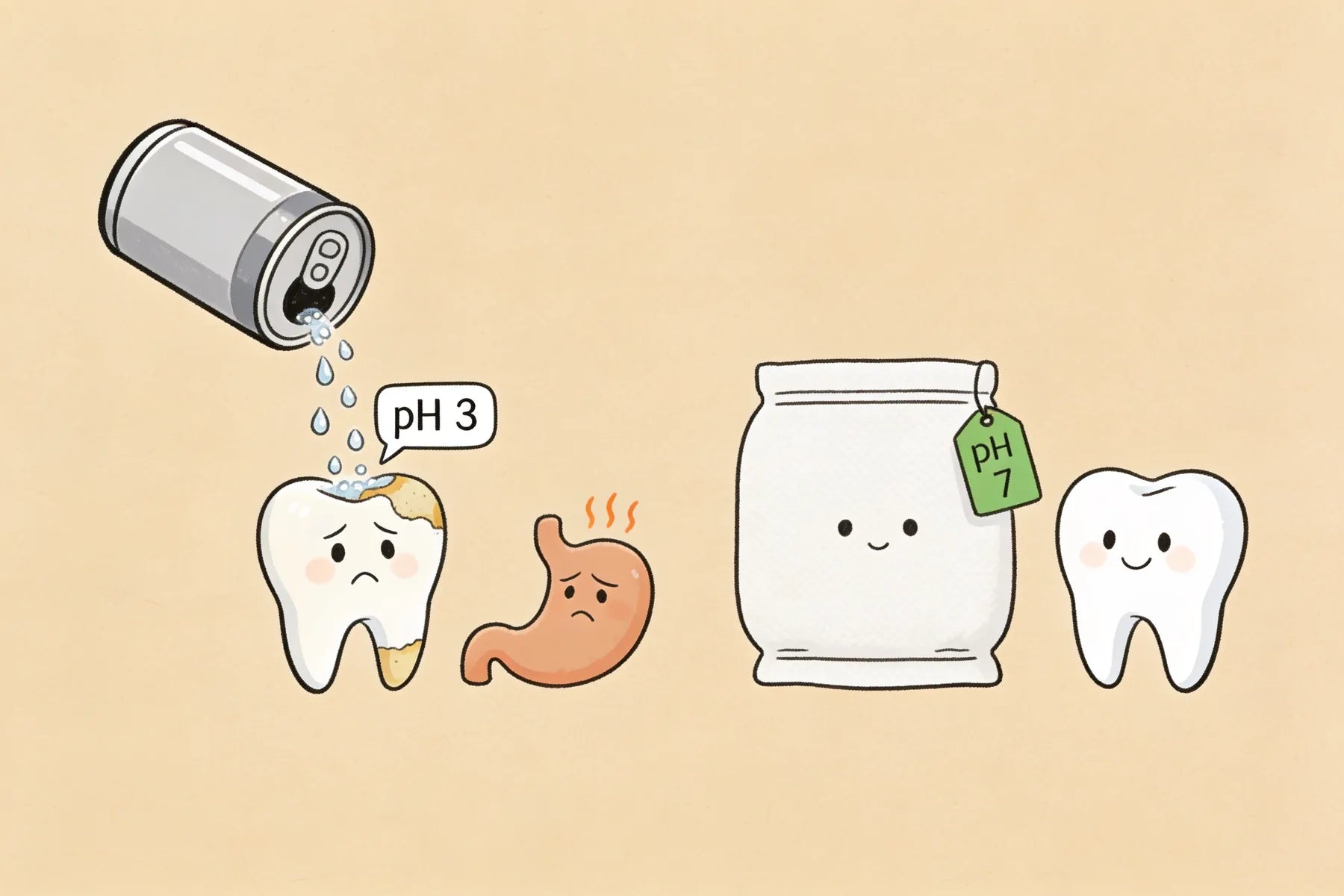 Illustration comparing an acidic, fizzy energy drink with a pH-neutral SZN pouch