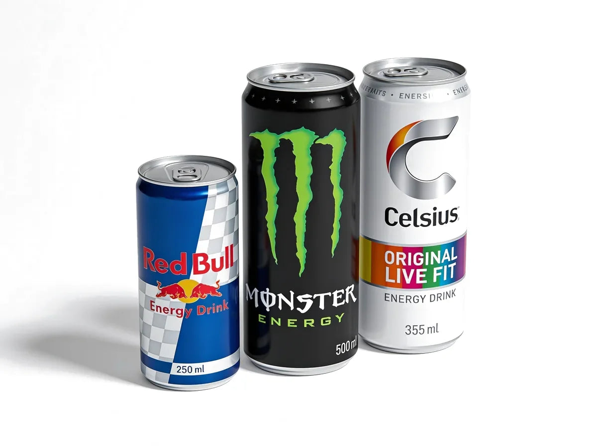 Illustration of a Red Bull, a Monster Energy and a Celsius can side by side