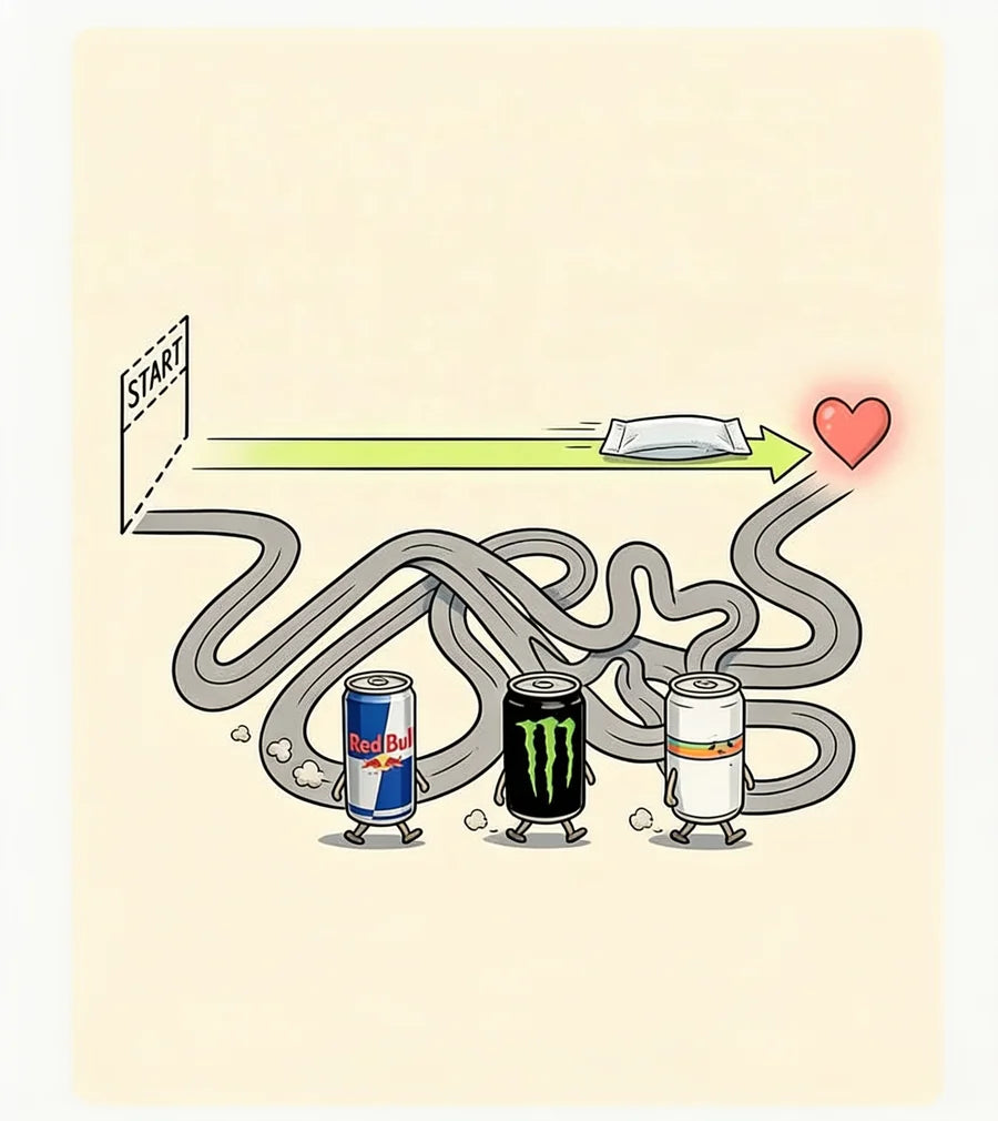 Drawing of three energy drink cans running in circles on a winding road while a SZN pouch goes straight to the finish line