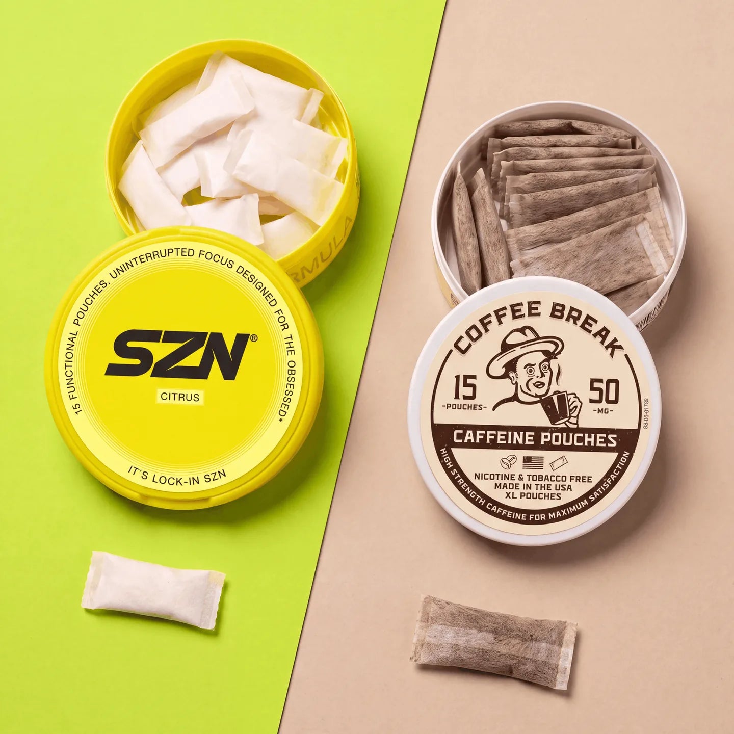 SZN and Alp cans opened side by side, showing the pouches