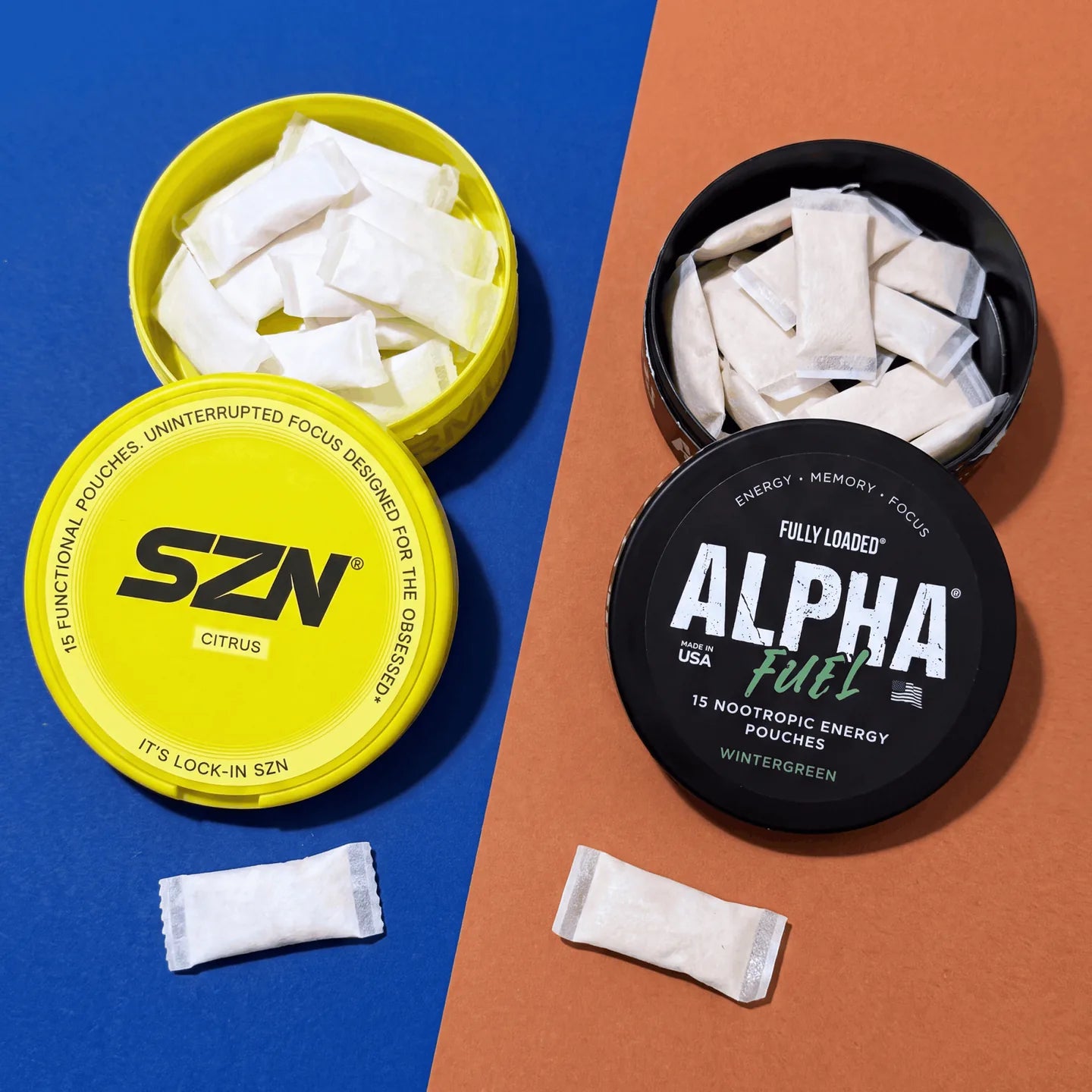 SZN and Alpha cans opened side by side, showing the pouches