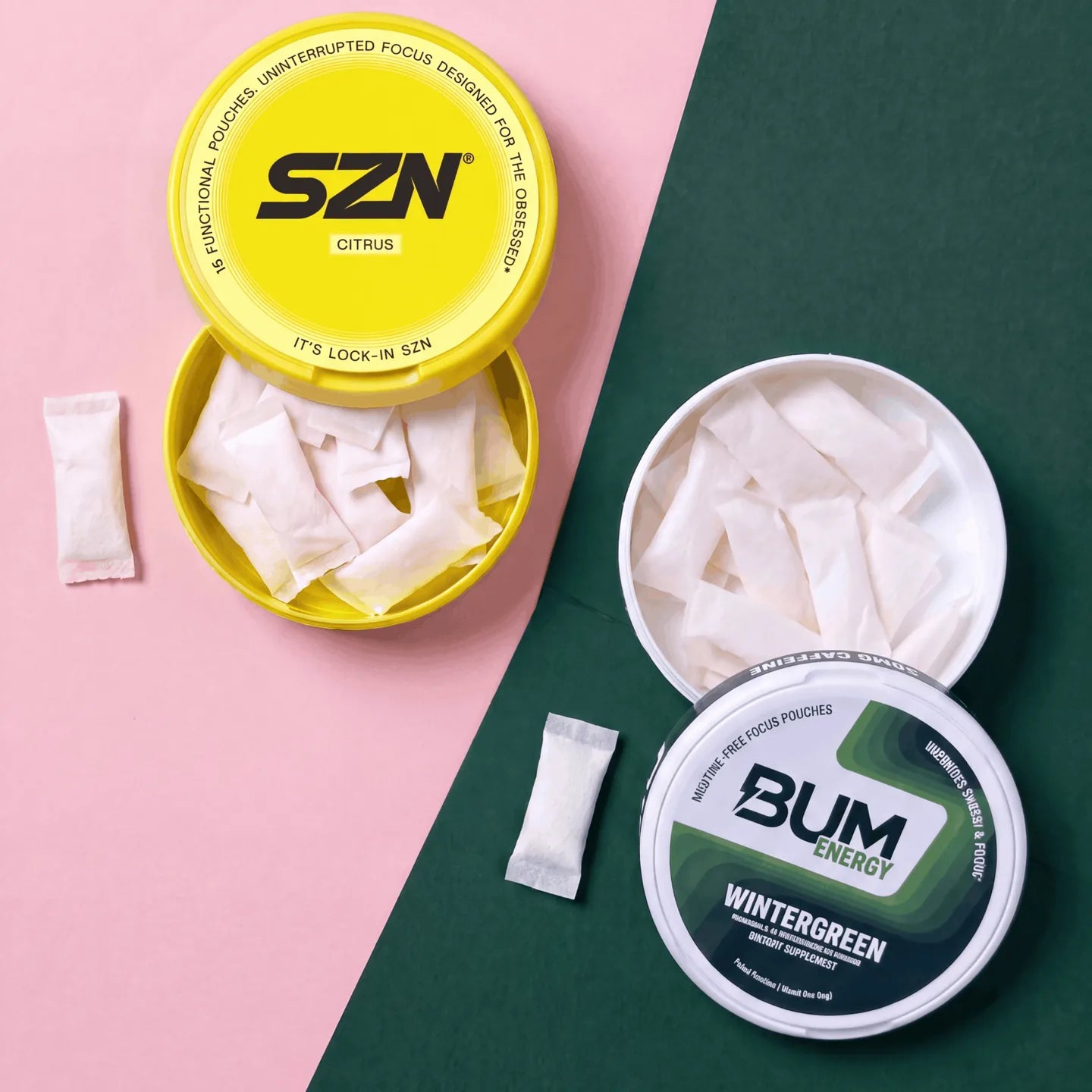 SZN and BUM cans opened side by side, showing the pouches