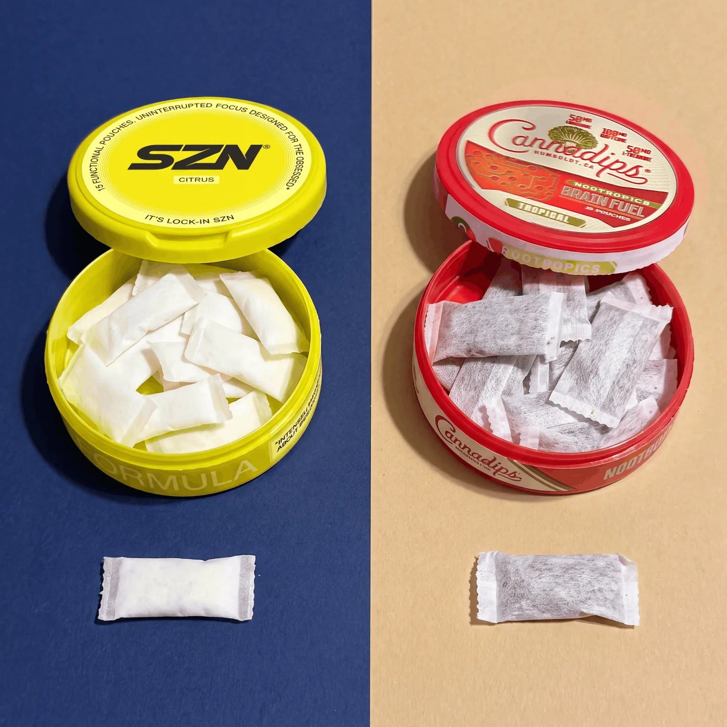 SZN and Cannadips cans opened side by side, showing the pouches