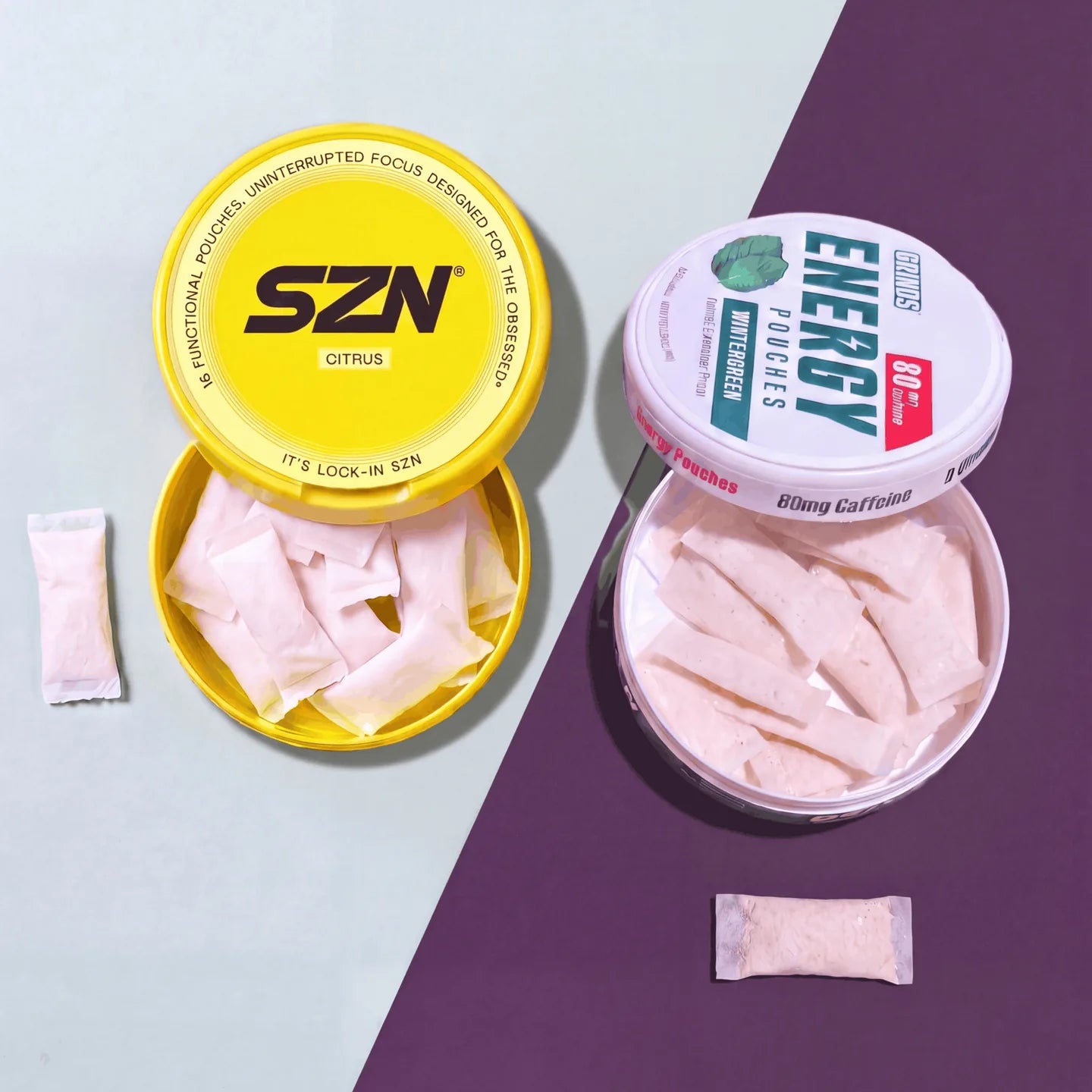 SZN and Grinds cans opened side by side, showing the pouches
