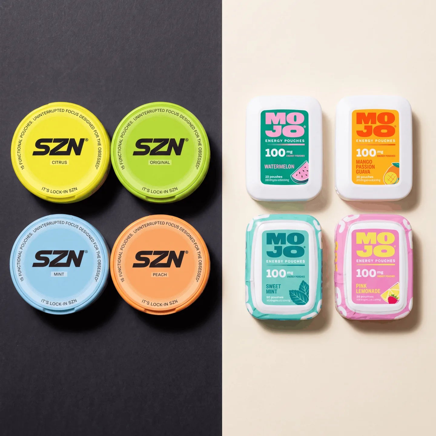 SZN and Mojo cans opened side by side, showing the pouches