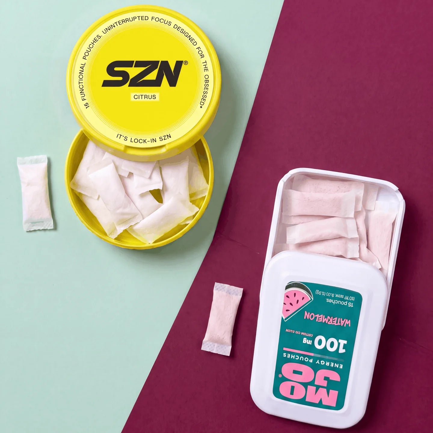 SZN and Mojo cans opened side by side, showing the pouches (2)