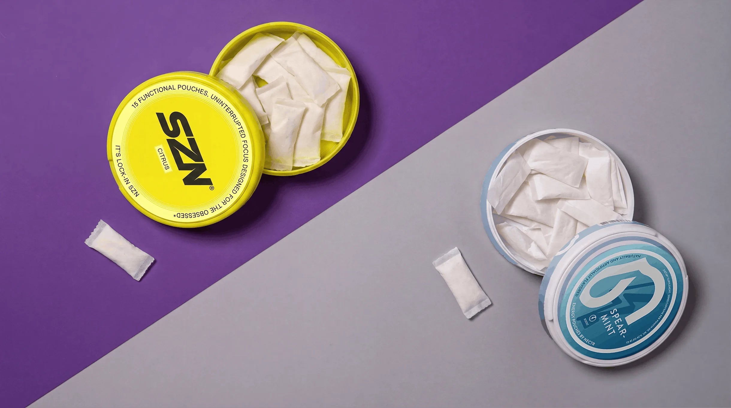 SZN and Nectr cans opened side by side, showing the pouches