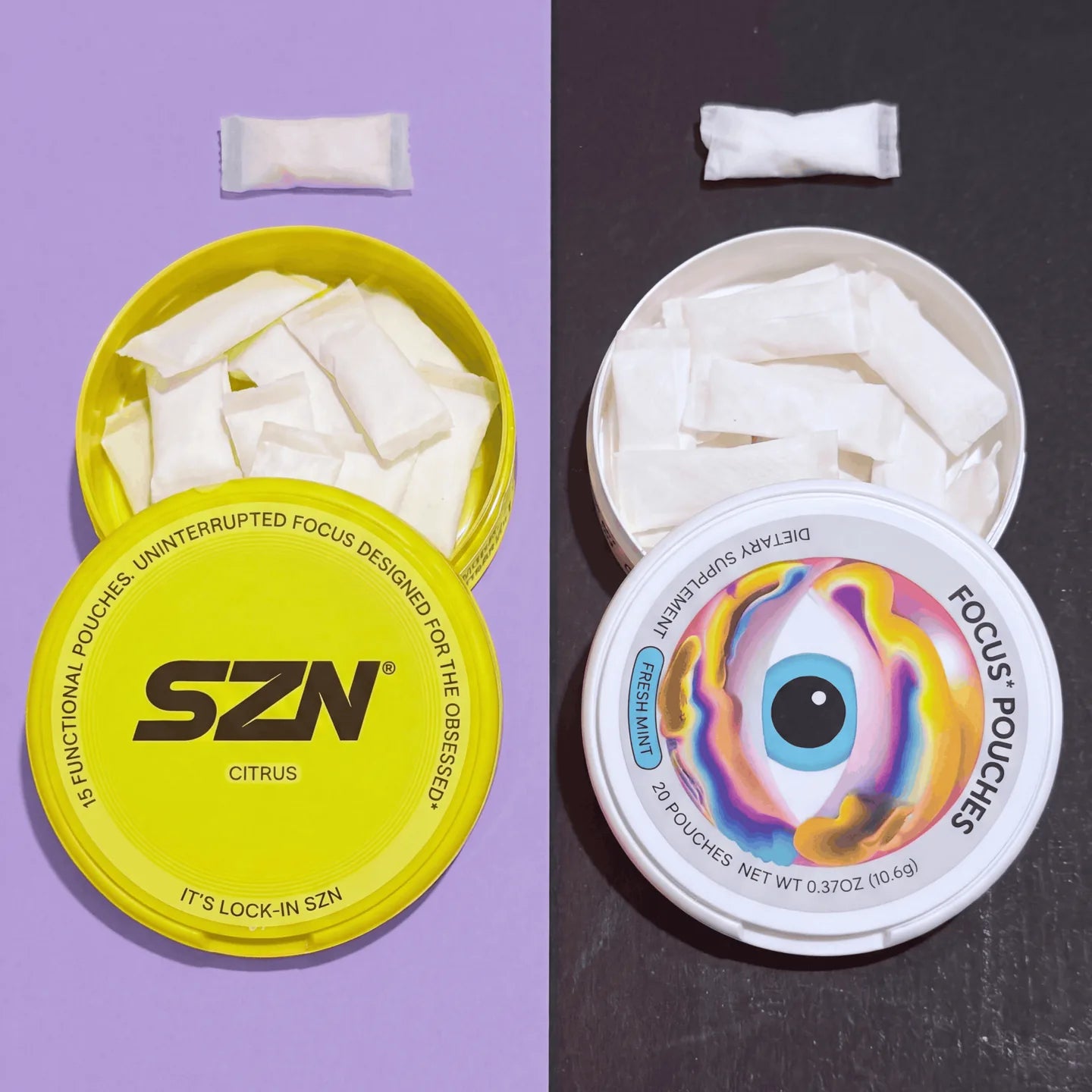 SZN and Neutonic cans opened side by side, showing the pouches