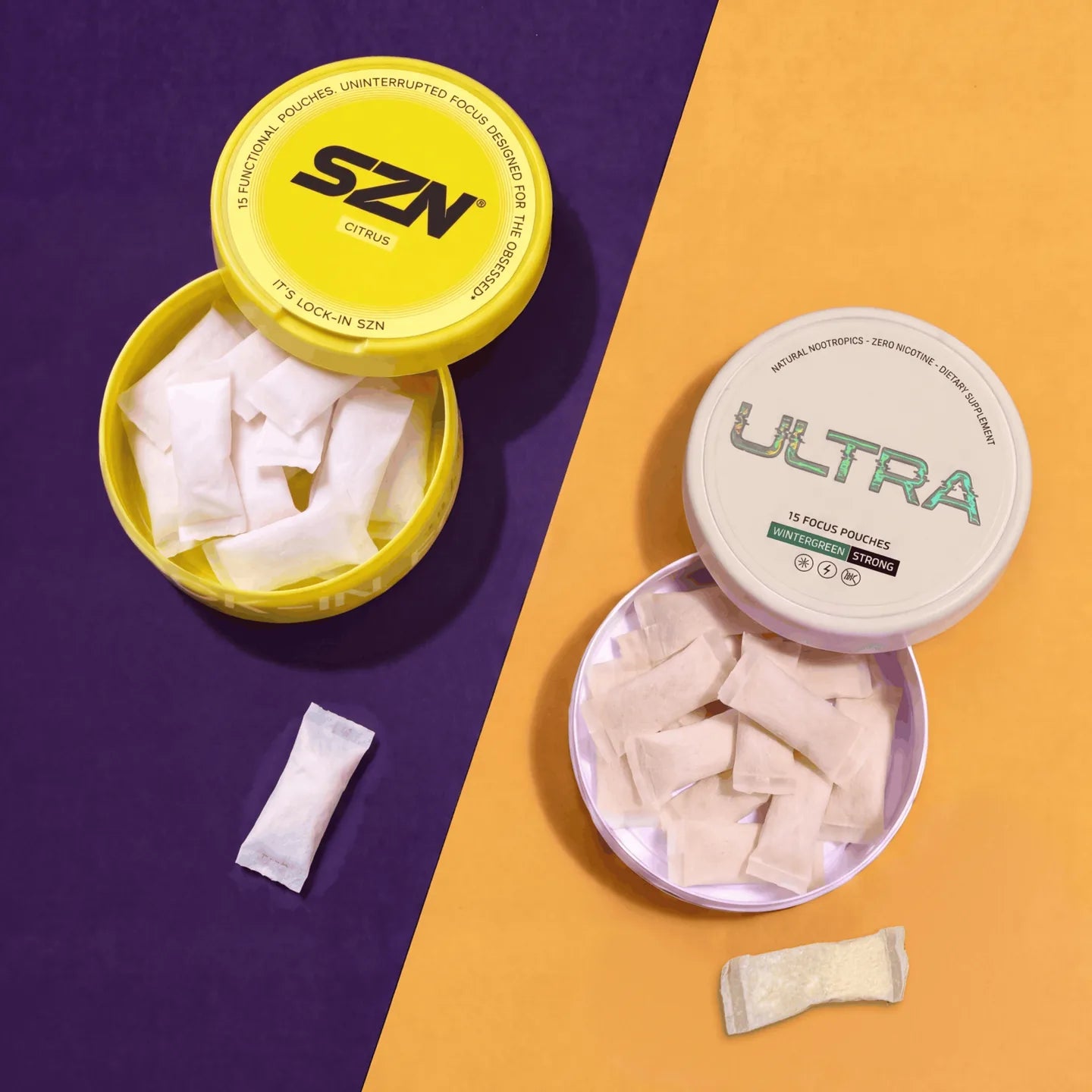 SZN and Ultra cans opened side by side, showing the pouches