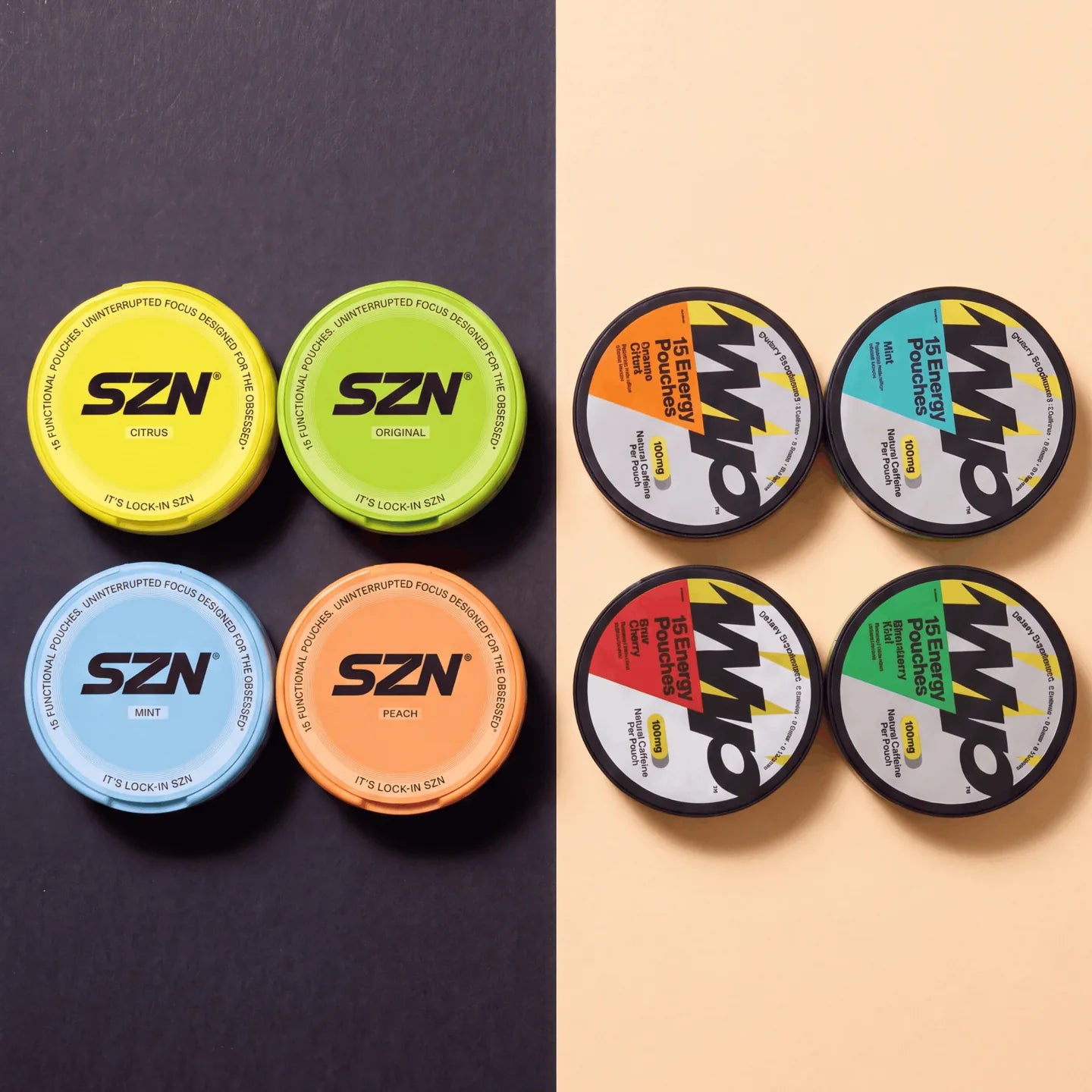 SZN and WIP cans opened side by side, showing the pouches