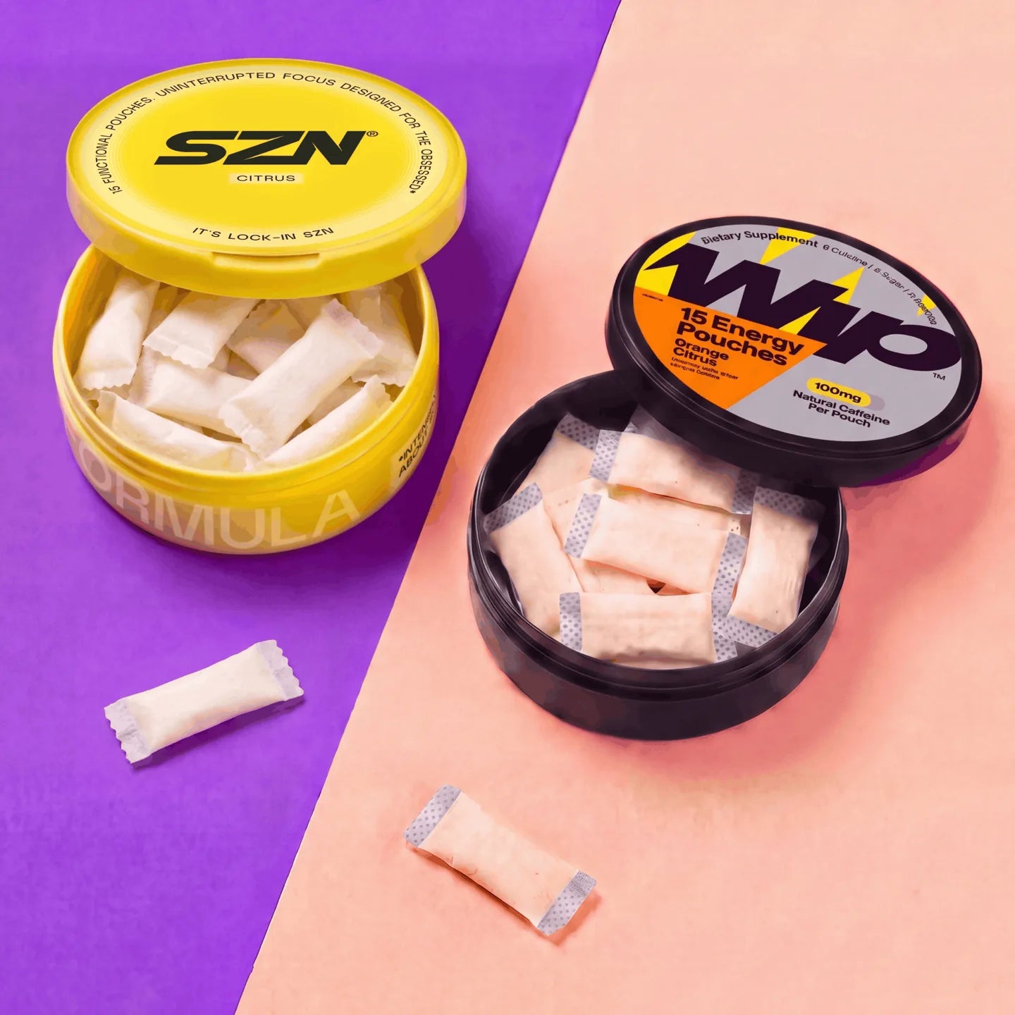 SZN and WIP cans opened side by side, showing the pouches (2)